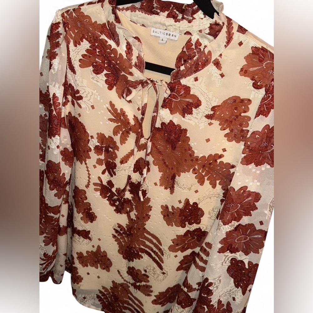 Baltic Born Women Large Reddish Brown Metallic Floral Blouse Ruffle Collar Sheer - Picture 5 of 9